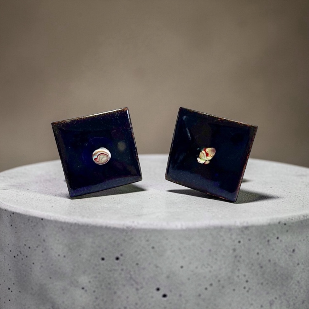 Vintage Mid Century Modern Copper and Blue Enamel Cufflinks Estate Find